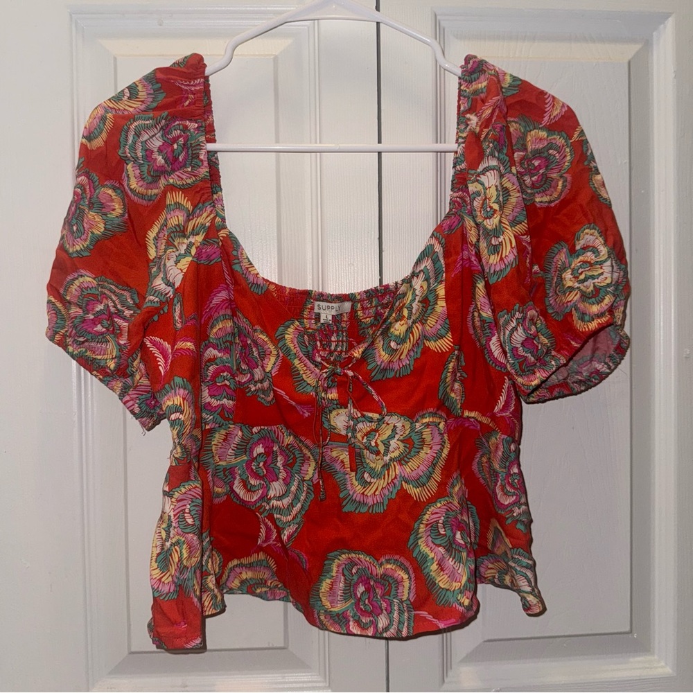 Floral Red/Coral Puff Sleeve Crop Top